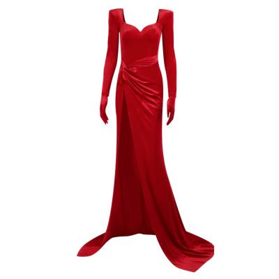 China Breathable Hot Sale Velvet Long Sleeve High Split Maxi Ladies Evening Dresses for sale