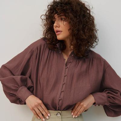 China Crinked Balloon Sleeve Selfcover Solid Casual Breathable Button Long Sleeve Elegant Blouse for sale