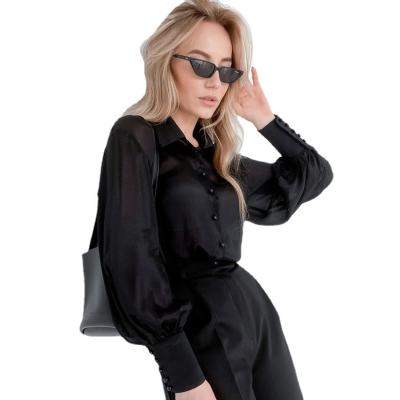 China Fashion Organza Chiffon Breathable Casual Solid Long Sleeve Balloon Bottom Blouses For Women for sale