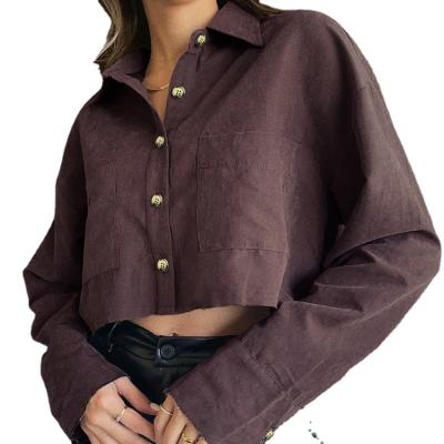 China Breathable Solid Casual French Classy Long Sleeve Top Collar Elegant Crop Button Blouses For Women for sale