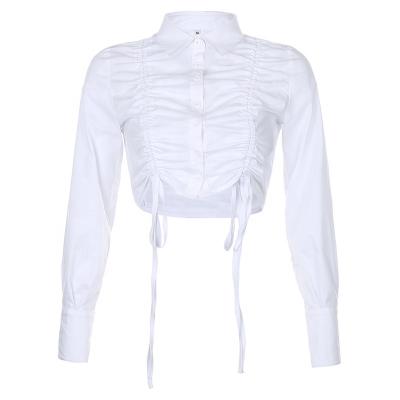 China Breathable Solid Color Blouse Fashionable Drawstring Ruched Crop Top Long Sleeve Casual Shirts For Women for sale