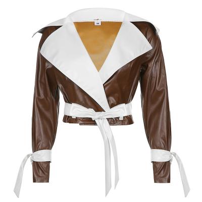 China 2021 new autumn/winter waterproof style PU lapel leather contrast big stitching short anorak jacket women for sale