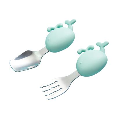 China 2021 New Design BPA Free Silicone Pink Cartoon Baby Spoon and Fork High Quality Free Soft Feeding Training Set for sale