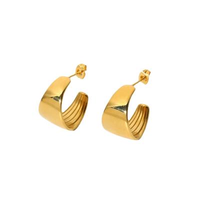 China Vintage Women Overdone Chunky Fan Shape Earrings 18K Gold Plated Stainless Steel Earring C Shaped Stud for sale