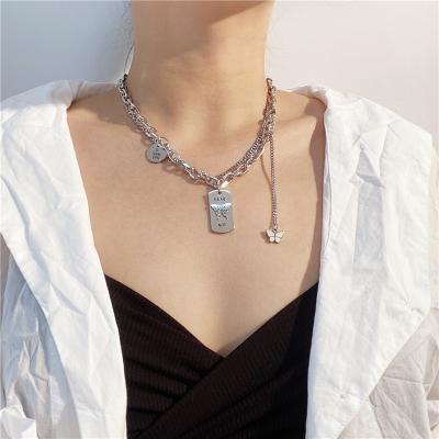 China TRENDY Coin Butterfly Letter Round Geometry Stainless Steel Woman Tassel Double Layer Chain Pendant Necklace for sale