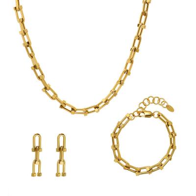 China TRENDY Hip Hop Woman Stainless Steel Exaggeration Lock U Shape Link Chain Necklace Bracelet Earrings Set for sale