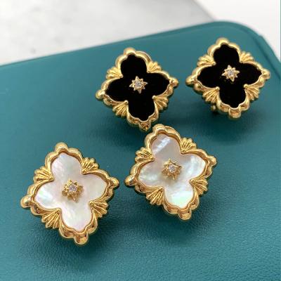 China Retro Style Temperament Four Leaf Clover European Silver Needle Retro Style Shell Big Stud Earrings Black Agate Fashionable Earrings S925 for sale