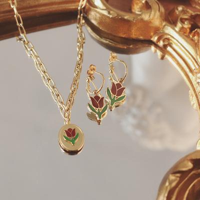 China Vintage Vintage Gold Plated Round Tulip Flower Pendant Necklace Charm Stainless Steel Coin Earrings For Women for sale