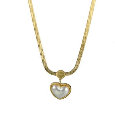 China TRENDY Set of Women Fashion Stainless Steel Shell Pearl Heart Pendant Chunky Snake Chain Necklace Earrings for sale