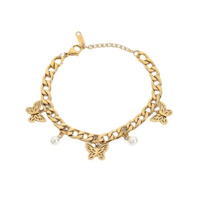 China FASHIONABLE Hot Sale Woman Miami Cuban Link Chain Bracelet Gold PlatedPearl Stainless Steel Butterfly Bracelets for sale