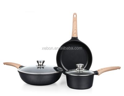 China 5pcs Sustainable Die Cast Cookware Aluminum Set Wok, Sauce Pan and Frying Pan Non Stick for sale