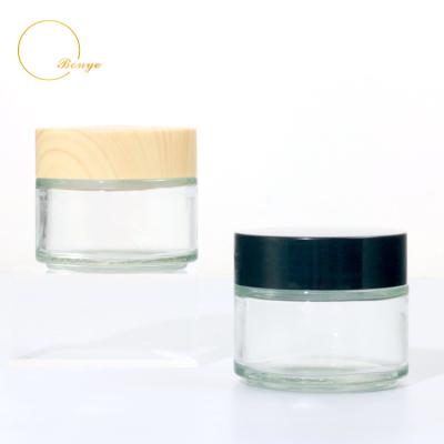 China Wholesale Cosmetic Glass Jar 15g/30g/50g/100g Eye Cream Face Cream Containers Skin Care Cosmetic Packaging With Bamboo Lid for sale