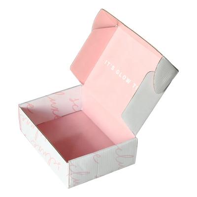 China Recycled Materials Customized Logo Packaging Box Pink Folding Corrugated Clothing Shipping Boxes Mailer Boxes With Logo for sale