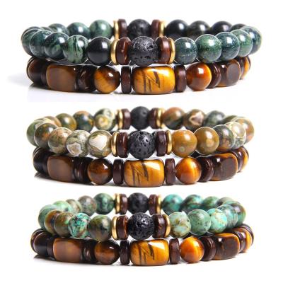 China New Arrivals Stone 2pcs Lava Beaded Bracelet Set Natural Healing Energy Tiger Eye Bracelet 8mm Lava Stone Beaded Bracelet Men's Stretch for sale