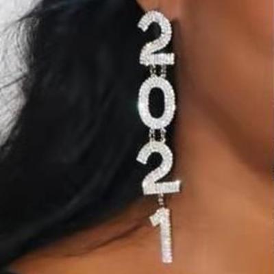 China Newest Hiphop Silver Plated Sparkle Crystal 2021 Year Long Dangle Earrings Rhinestone Year Number Earrings for sale