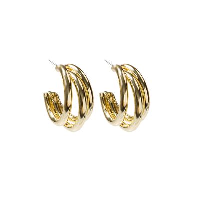 China Hypoallergenic 925 Silver 18K Gold Plated C Needle Shaped Round Geometric Hoop Earrings 30mm Triple Hoop Earrings for sale