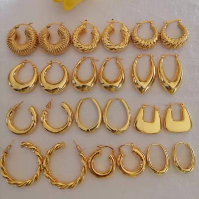 China 2022 Trendy Trendy Tarnish Free Real 18k Gold Plated Screw Circle Twisted Earrings Hollow Out Stainless Steel Geometric Chunky Hoop Earrings for sale