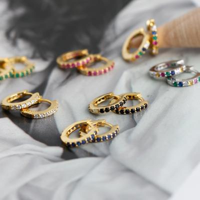 China 925 Sterling Silver Multicolor CZ 7MM Circle Huggie Earrings S925 Rainbow Zircon Ear Clip Hoop Earrings TRENDY Thin Small for sale