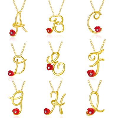 China 2021 TRENDY Valentine's Day 18K Gold Plated Old English Alphabet 26 Uppercase Rose Flower Initial Letter Necklace for sale