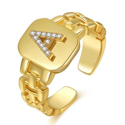 China BOHEMIA Watch Band 14k Real Gold Plated Zircon Letter Opening Finger Ring Adjustable Initial Ring For Women for sale