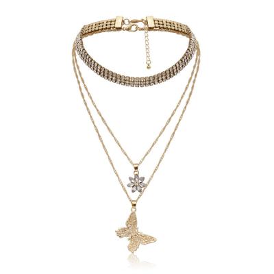 China Bohemian Crystal Flower Rhinestone Choker Necklace BOHEMIA Muttilayer Layered Gold Butterfly Pendant Necklace for sale