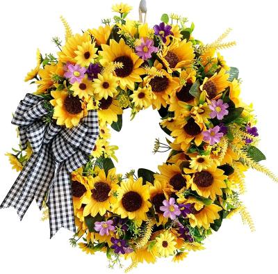 China Garland Artificial Sunflower Summer Wreath-16 Inch Decorative Flower Wreath with Yellow Sunflower and Green Leaves for Front Door for sale