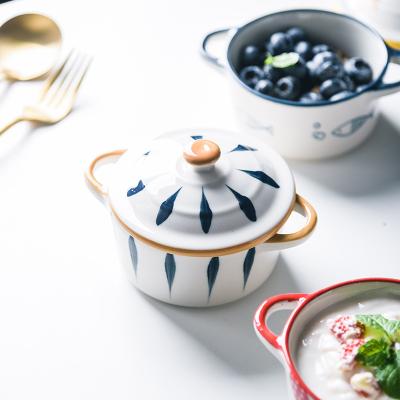 China Sustainable Lovely Small Style Nordic Cool Double Ear Belt Ceramic Bowl With Cover Simple Personality for sale