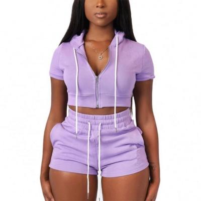 China Breathable Custom Short Sleeve Night Club Hot Maiden Zipper Full Cropped Hooded Jacket Shorts Summer Women High Waisted Tracksuit Set for sale