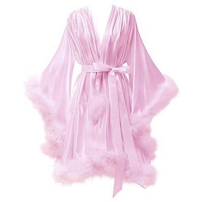 China Breathable Contrast Feather Cuff Belted Satin Long Robe Ladies Pajamas Night Wear Sashes Women's Bathrobes for sale