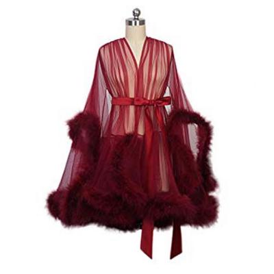 China 2021 Updraft Customized Sexy Women Bathrobe Fur Trim Mesh Robe In Burgundy Wholesale for sale