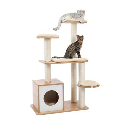 China High Large Natural Modern Unique Multilevel Wooden Luxury Tower Stocked Cat Scratcher Tree Cat Tower Cat Tree House for sale