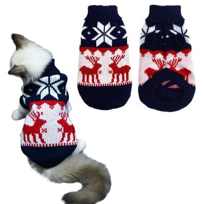 China Navy Blue Reindeer Stocked Snowflakes Pattern Christmas Cute Pet Winter Knitting Pattern Cat Puppy Clothes Sweater Clothing For Cats for sale