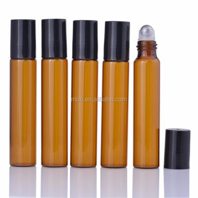 China Hot Sale Personal Care 10ml Amber Glass Bottle Stainless Steel Roller Glass Essential Oil Bottle With Black Cap for sale