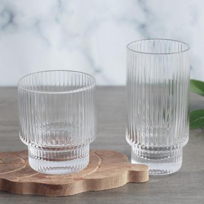 China Viable Wholesale Single Mouth 300ml 350ml Ins 300ml 350ml Clear Vertical Stripe Swollen Transparent Glass Cup For Water Coffee Desert Milk Juice for sale