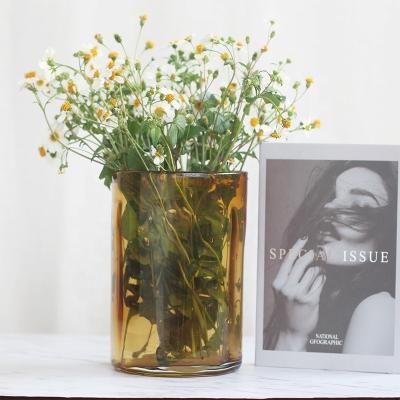 China Household Contemporary Wholesale Nordic Hand Blown High Quality Round Long Shape Tube Yellow Colored Glass Flower Vase For Home Decor for sale