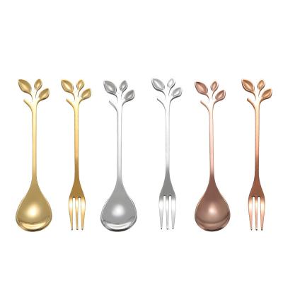 China Sustainable Food Grade Branch Leaves Mini Spoon Coffee Ice Cream Spoon Stainless Steel Fork And Spoon for sale