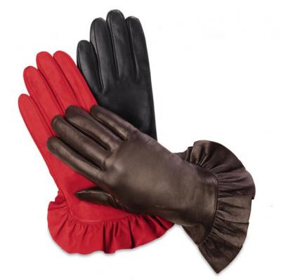 China Wholesale Plain ZF5859 Ladies Fashion 2021 Winter Warm Leather Gloves With Ruffles for sale