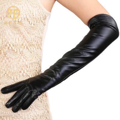 China Simple Lady Fashion Black Color Shoulder Length Sheepskin Arm Length Leather Gloves for sale