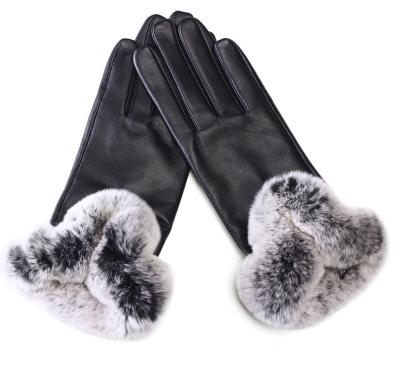 China Good Quality Fashion Lady Leather Glove With Simple Classic Rabbit Fur Cuff, Fur Leather Glove for sale