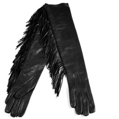 China Simple Lady Popular Long Opear Leather Gloves With Fashion Fringe for sale