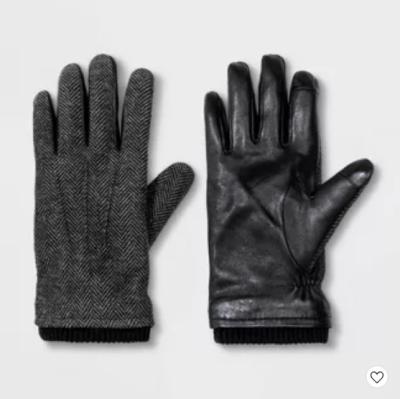 China Men simple cheap high quality shearling genuine leather glove with fabric factory price, leather glove with touch screen for sale