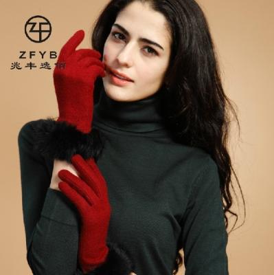 China Best Selling Simple Winter Woolen Gloves With Rabbit Fur Pompoms Ball Accessory for sale