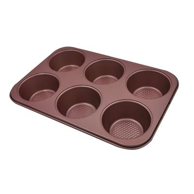 China JIANGXIN Newest Design Sustainable Kitchen Non-Stick Roll Cake Mold Baking Tray Nonstick Red Brown 6 Hole Cup Dish Mold for sale