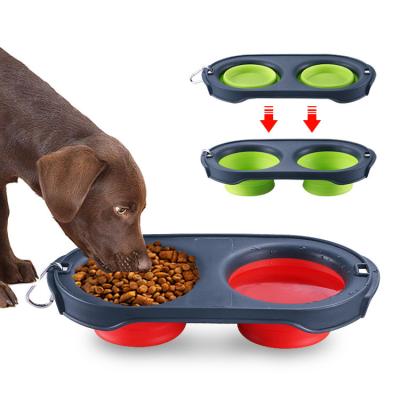 China Eco Friendly Safe Sustainable Portable Soft Rubber Dog Bowl Pet Supplies Double Driver Collapsible Dog Water Food Bowl for sale