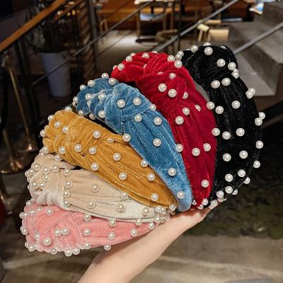 China Fashion Turban Pearl Velvet Pleuche Headbands Wide Knotted Hair Circles Hair Circles Hair Accessories For Women for sale