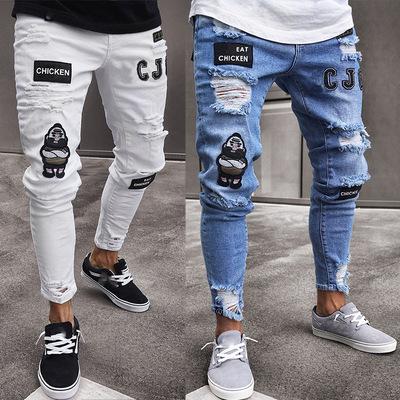 China The latest fashion trend fashion patchwork pencil pants letter hole design men's breathable skinny jeans pants for sale