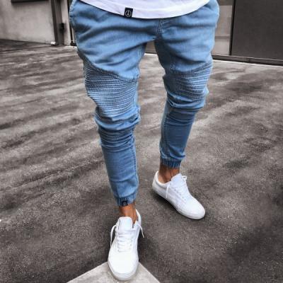 China New autumn breathable fashion slim fit elasticity ripped high waist joggers light blue jeans plus size denim breeches men's pants for sale