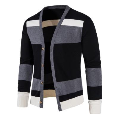 China Anti-wrinkle new v neck high quality autumn color block stripe style men's knitted cardigan top sweater for sale