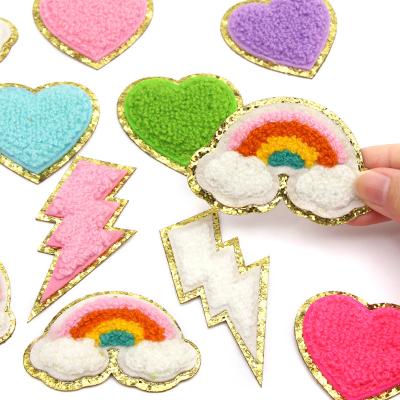 China Custom Adhesive Logo Glitter Rainbow Chenille Patches Designer Sweatshirt Elbow Iron Life 3D Jacket Style Wholesale Heat Applied for sale