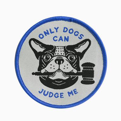 China Dog Judge Viable High Quality Merrow Border Custom Woven Patches For Garment for sale